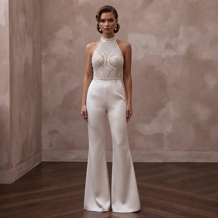 70s - Inspired Ivory Flared Satin Jumpsuit for Disco Rehearsal - Apparel & Accessories > Clothing > Wedding & Bridal Party Dresses > Wedding Dresses - Mignonette Bridal
