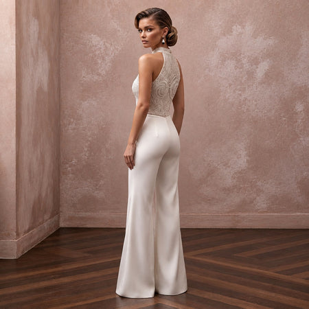 70s - Inspired Ivory Flared Satin Jumpsuit for Disco Rehearsal - Apparel & Accessories > Clothing > Wedding & Bridal Party Dresses > Wedding Dresses - Mignonette Bridal