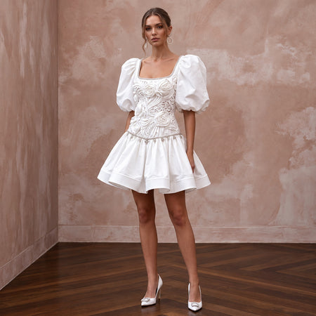 80s-Inspired Puff Sleeve White Taffeta Bridal Mini Dress for Retro After-Party