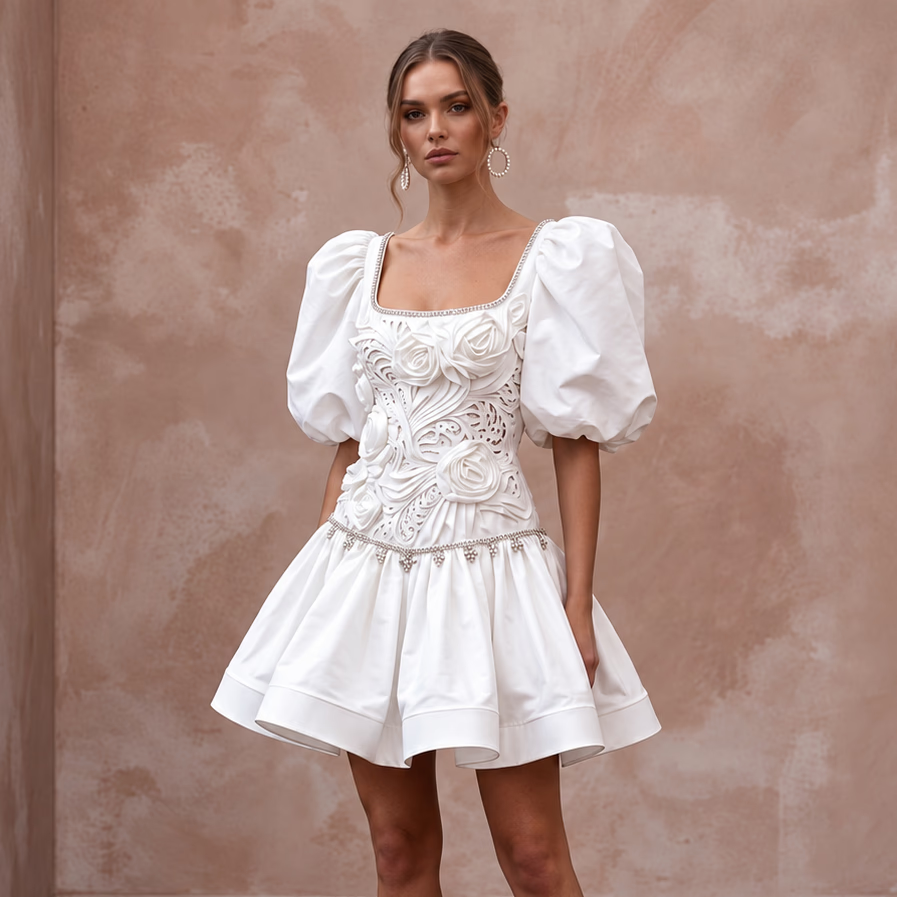 80s-Inspired Puff Sleeve White Taffeta Bridal Mini Dress for Retro After-Party