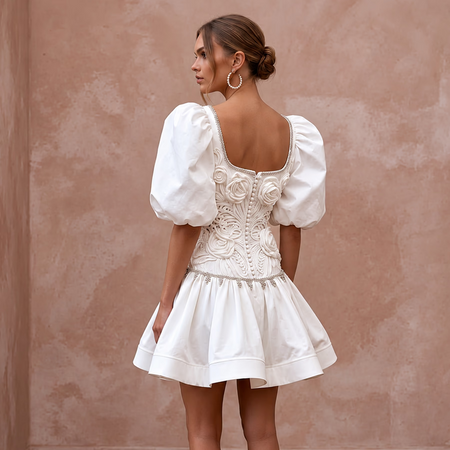 80s-Inspired Puff Sleeve White Taffeta Bridal Mini Dress for Retro After-Party