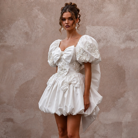 80s-Inspired Puff Sleeve White Taffeta Mini for Retro After-Party