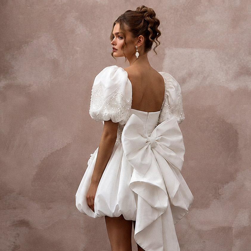 80s-Inspired Puff Sleeve White Taffeta Mini for Retro After-Party