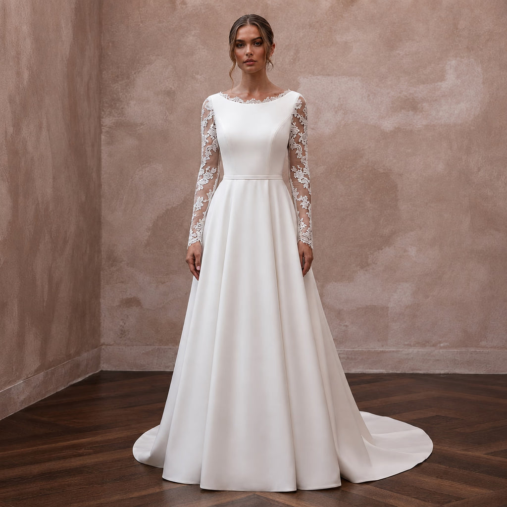 A - Line Wedding Dresses with Handcrafted Lace Sleeves - Apparel & Accessories > Clothing > Wedding & Bridal Party Dresses > Wedding Dresses - Mignonette Bridal
