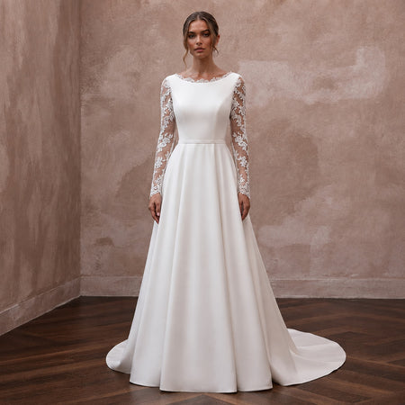 A - Line Wedding Dresses with Handcrafted Lace Sleeves - Apparel & Accessories > Clothing > Wedding & Bridal Party Dresses > Wedding Dresses - Mignonette Bridal