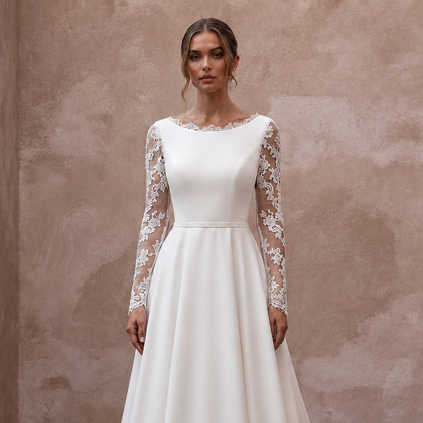 A-Line Wedding Dresses with Handcrafted Lace Sleeves