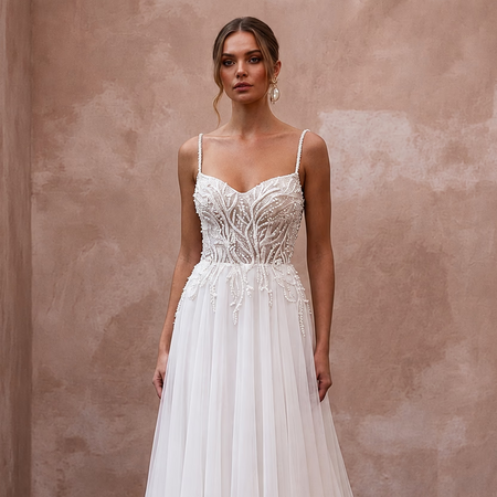 A - Line Wedding Dresses with Pearl Embroidered Bodices - Apparel & Accessories > Clothing > Wedding & Bridal Party Dresses > Wedding Dresses - Mignonette Bridal