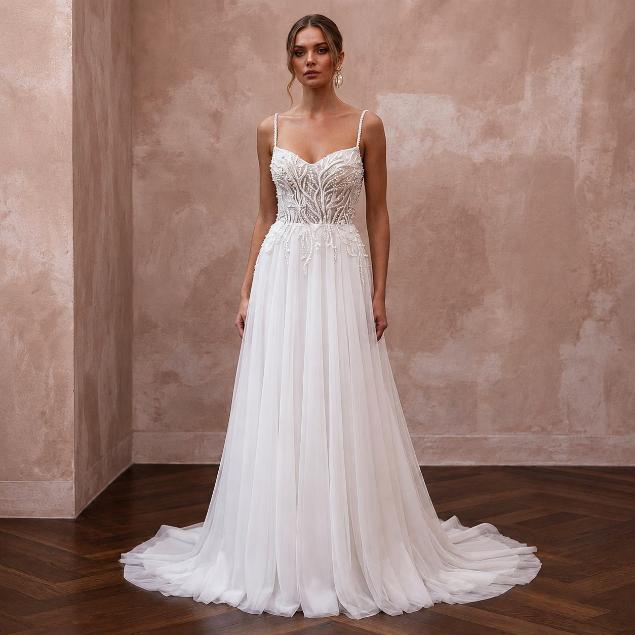 A - Line Wedding Dresses with Pearl Embroidered Bodices - Apparel & Accessories > Clothing > Wedding & Bridal Party Dresses > Wedding Dresses - Mignonette Bridal Main image