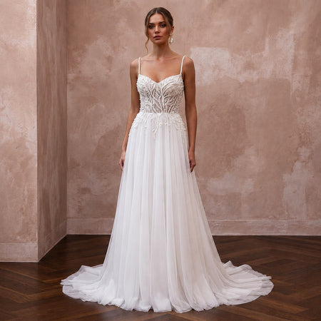 A - Line Wedding Dresses with Pearl Embroidered Bodices - Apparel & Accessories > Clothing > Wedding & Bridal Party Dresses > Wedding Dresses - Mignonette Bridal