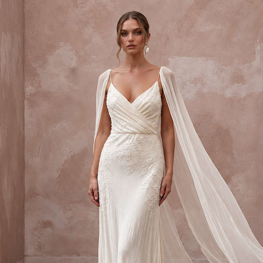 Airy Cream Crinkled Silk Charmeuse Bridal Gown for Destination Vow Exchange