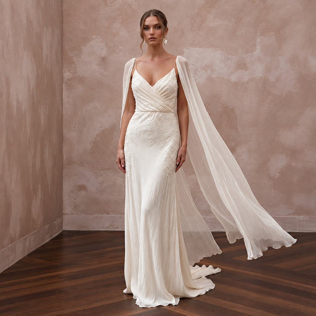 Airy Cream Crinkled Silk Charmeuse Bridal Gown for Destination Vow Exchange