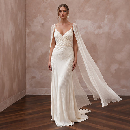 Airy Cream Crinkled Silk Charmeuse Bridal Gown for Destination Vow Exchange