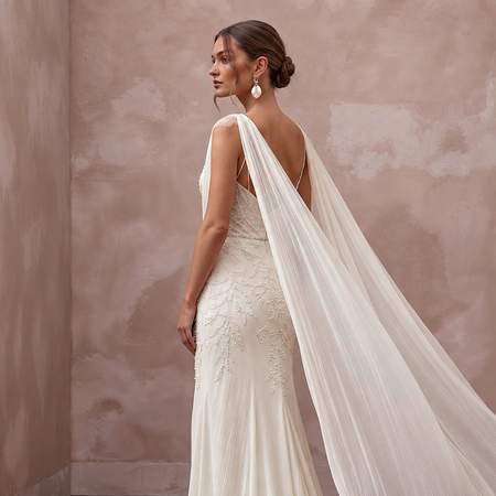 Airy Cream Crinkled Silk Charmeuse Bridal Gown for Destination Vow Exchange