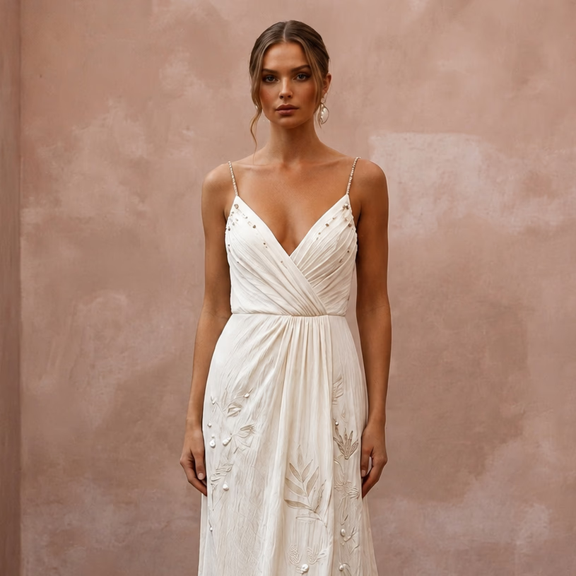 Airy Cream Crinkled Silk Charmeuse Dress for Destination Vow Exchange - Apparel & Accessories > Clothing > Wedding & Bridal Party Dresses > Wedding Dresses - Mignonette Bridal