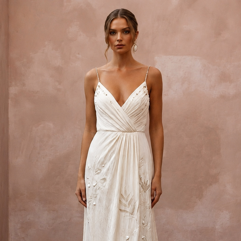 Airy Cream Crinkled Silk Charmeuse Dress for Destination Vow Exchange