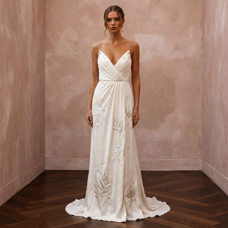Airy Cream Crinkled Silk Charmeuse Dress for Destination Vow Exchange - Apparel & Accessories > Clothing > Wedding & Bridal Party Dresses > Wedding Dresses - Mignonette Bridal