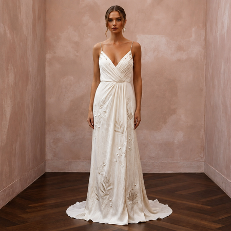 Airy Cream Crinkled Silk Charmeuse Dress for Destination Vow Exchange