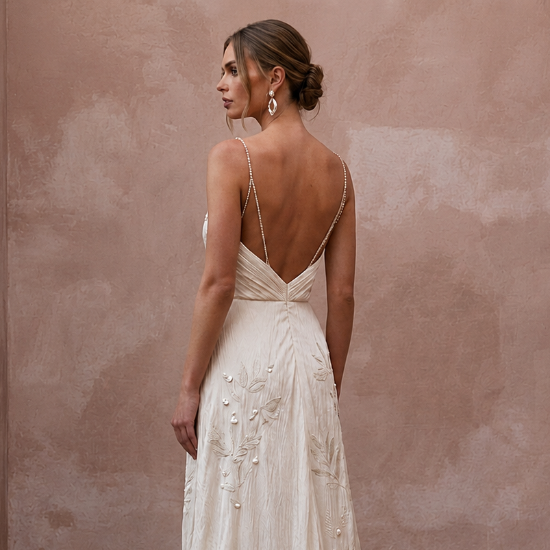 Airy Cream Crinkled Silk Charmeuse Dress for Destination Vow Exchange