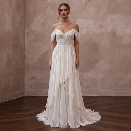 Airy Off - White Crinkle Chiffon A - Line Bridal Gown for Beach Vow Renewal - Apparel & Accessories > Clothing > Wedding & Bridal Party Dresses > Wedding Dresses - Mignonette Bridal