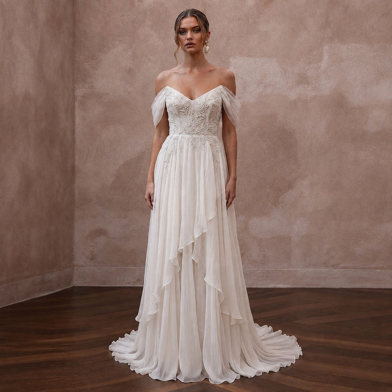 Airy Off-White Crinkle Chiffon A-Line Bridal Gown for Beach Vow Renewal