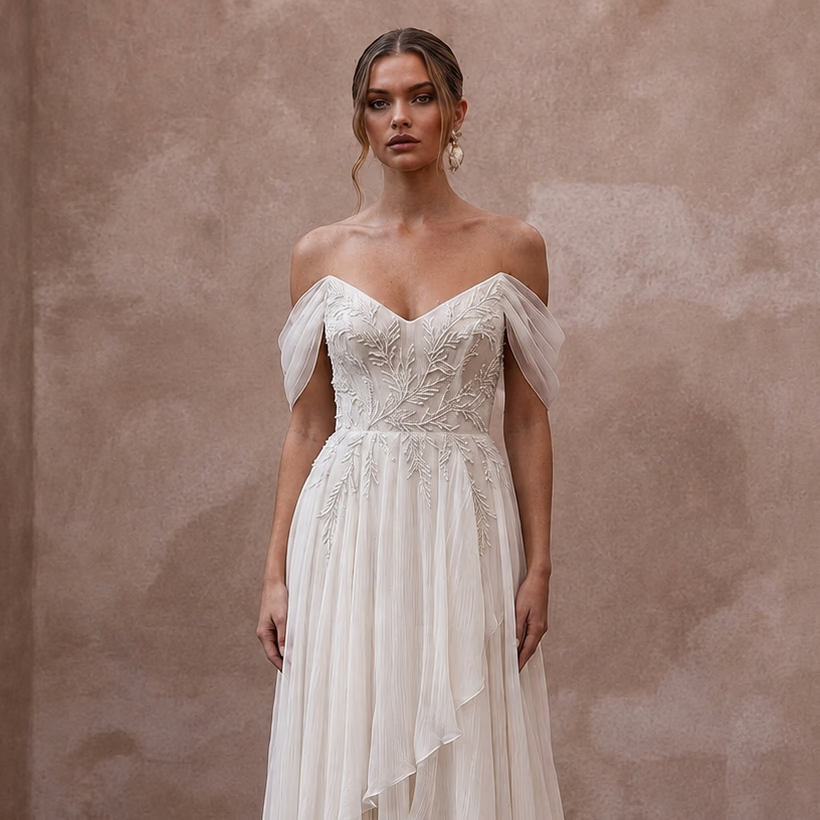Airy Off - White Crinkle Chiffon A - Line Bridal Gown for Beach Vow Renewal - Apparel & Accessories > Clothing > Wedding & Bridal Party Dresses > Wedding Dresses - Mignonette Bridal