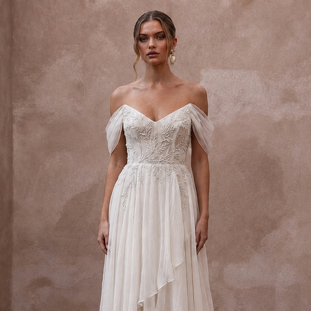 Airy Off - White Crinkle Chiffon A - Line Bridal Gown for Beach Vow Renewal - Apparel & Accessories > Clothing > Wedding & Bridal Party Dresses > Wedding Dresses - Mignonette Bridal