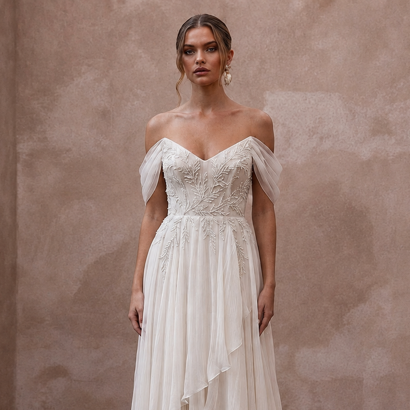 Airy Off-White Crinkle Chiffon A-Line Bridal Gown for Beach Vow Renewal