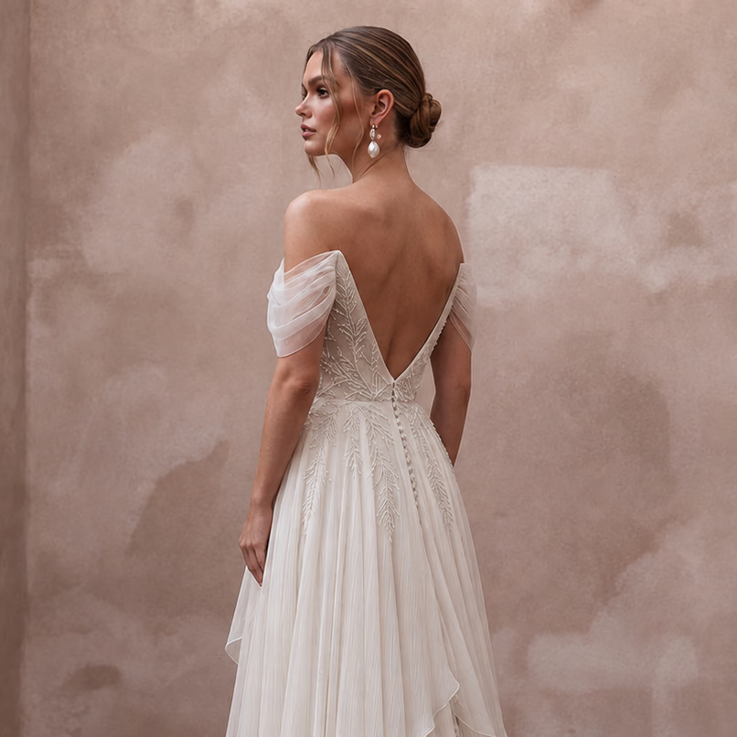 Airy Off - White Crinkle Chiffon A - Line Bridal Gown for Beach Vow Renewal - Apparel & Accessories > Clothing > Wedding & Bridal Party Dresses > Wedding Dresses - Mignonette Bridal