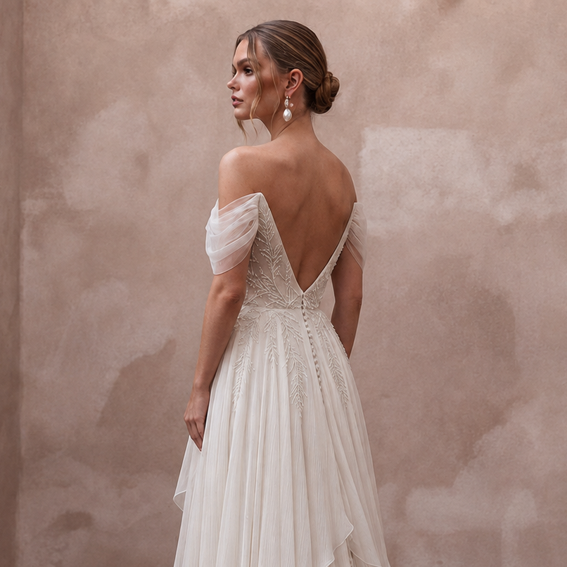 Airy Off-White Crinkle Chiffon A-Line Bridal Gown for Beach Vow Renewal