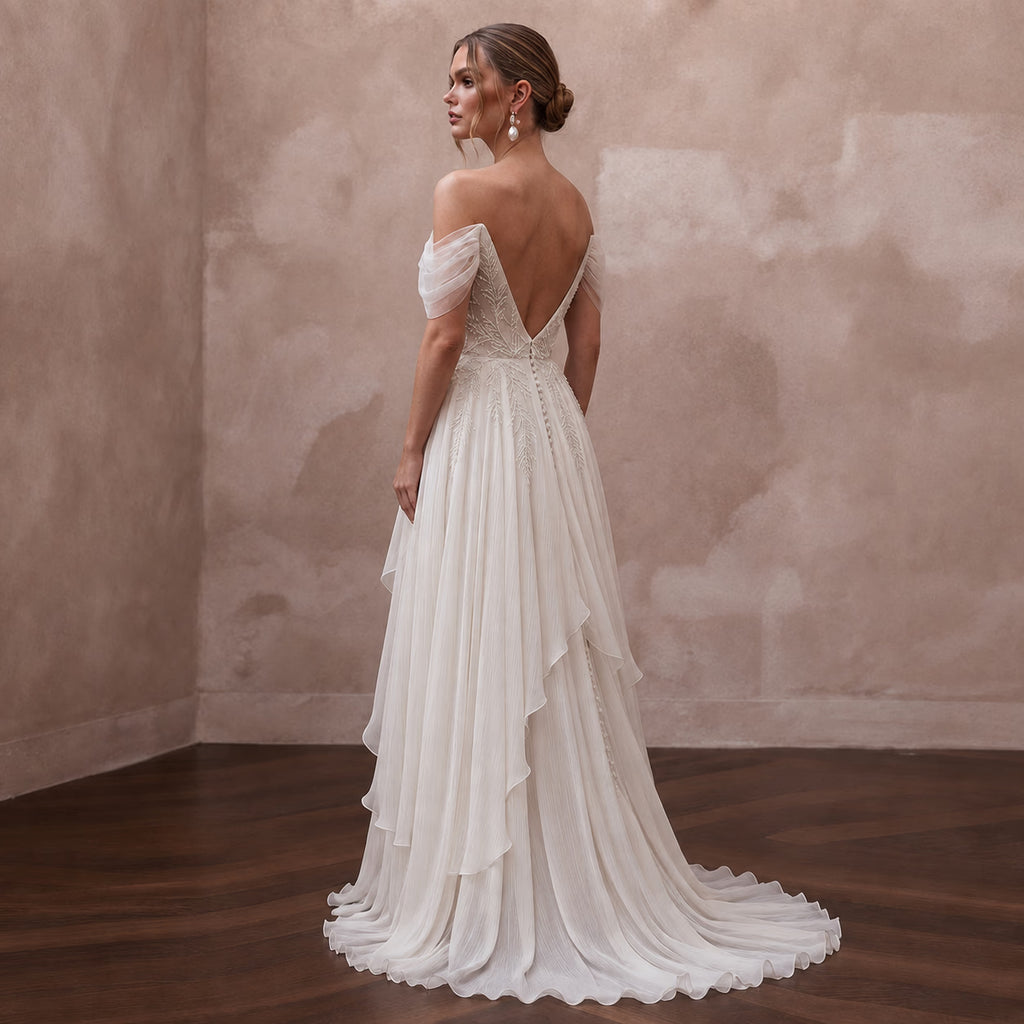 Airy Off - White Crinkle Chiffon A - Line Bridal Gown for Beach Vow Renewal - Apparel & Accessories > Clothing > Wedding & Bridal Party Dresses > Wedding Dresses - Mignonette Bridal