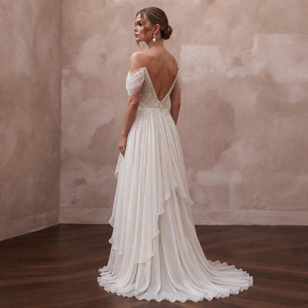 Airy Off - White Crinkle Chiffon A - Line Bridal Gown for Beach Vow Renewal - Apparel & Accessories > Clothing > Wedding & Bridal Party Dresses > Wedding Dresses - Mignonette Bridal