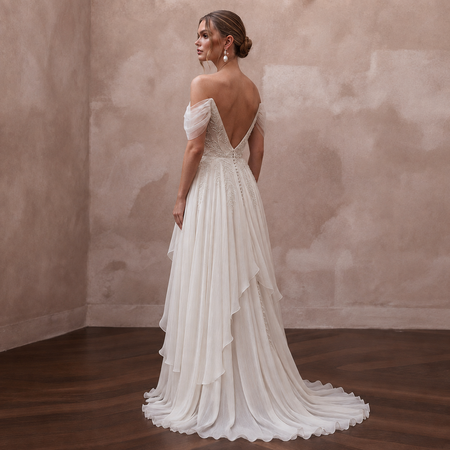 Airy Off-White Crinkle Chiffon A-Line Bridal Gown for Beach Vow Renewal