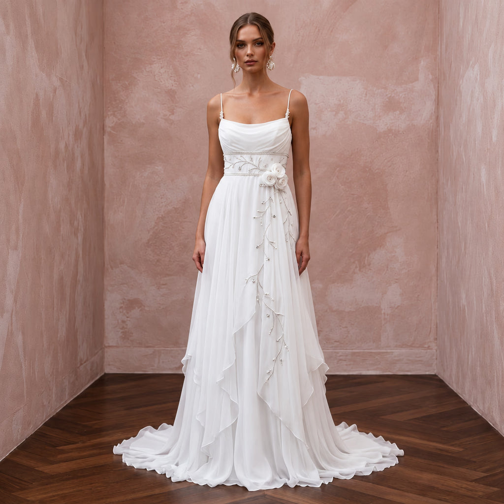 Angelic White Wispy Chiffon Empire Wedding Dress for Post-Wedding Brunch