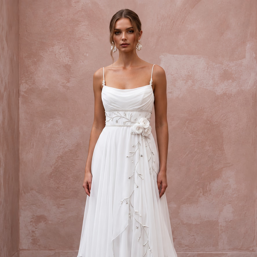 Angelic White Wispy Chiffon Empire Wedding Dress for Post-Wedding Brunch