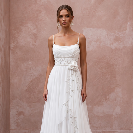 Angelic White Wispy Chiffon Empire Wedding Dress for Post-Wedding Brunch