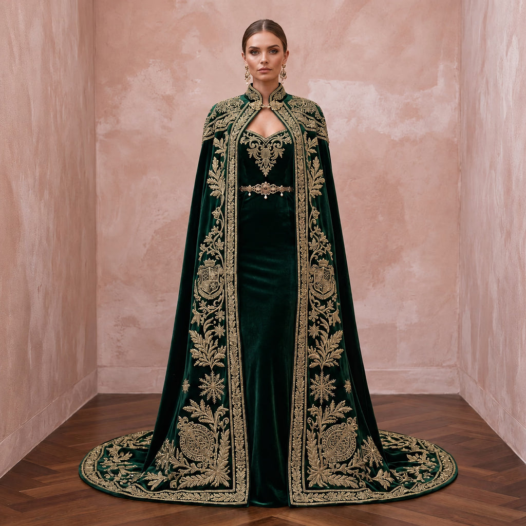 Antique Gold Embroidered Velvet Cape & Bridal Dress for Winter Vow Renewal - Apparel & Accessories > Clothing > Wedding & Bridal Party Dresses > Wedding Dresses - Mignonette Bridal