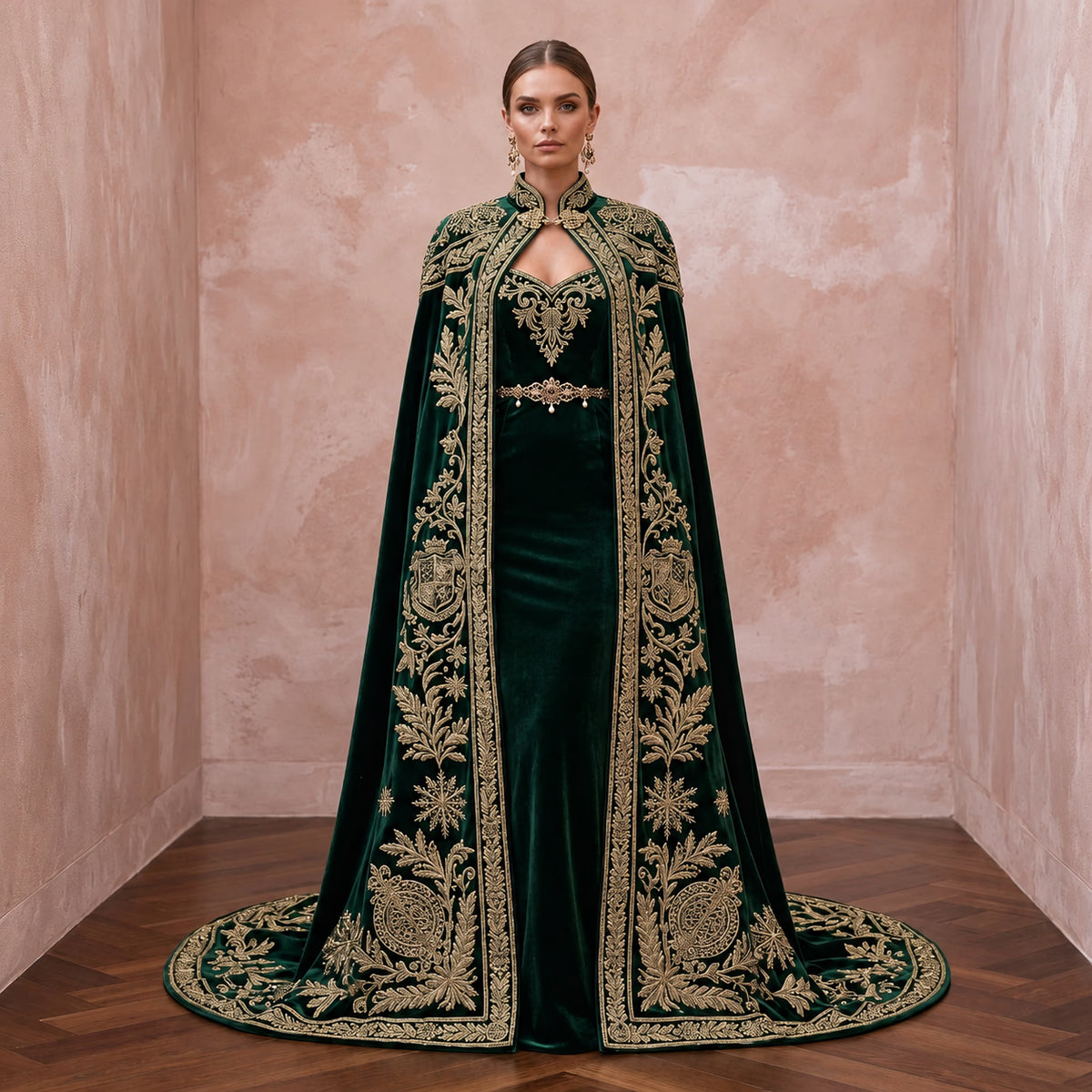 Antique Gold Embroidered Velvet Cape & Bridal Dress for Winter Vow Renewal - Apparel & Accessories > Clothing > Wedding & Bridal Party Dresses > Wedding Dresses - Mignonette Bridal