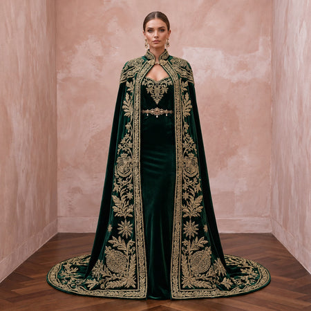 Antique Gold Embroidered Velvet Cape & Bridal Dress for Winter Vow Renewal - Apparel & Accessories > Clothing > Wedding & Bridal Party Dresses > Wedding Dresses - Mignonette Bridal