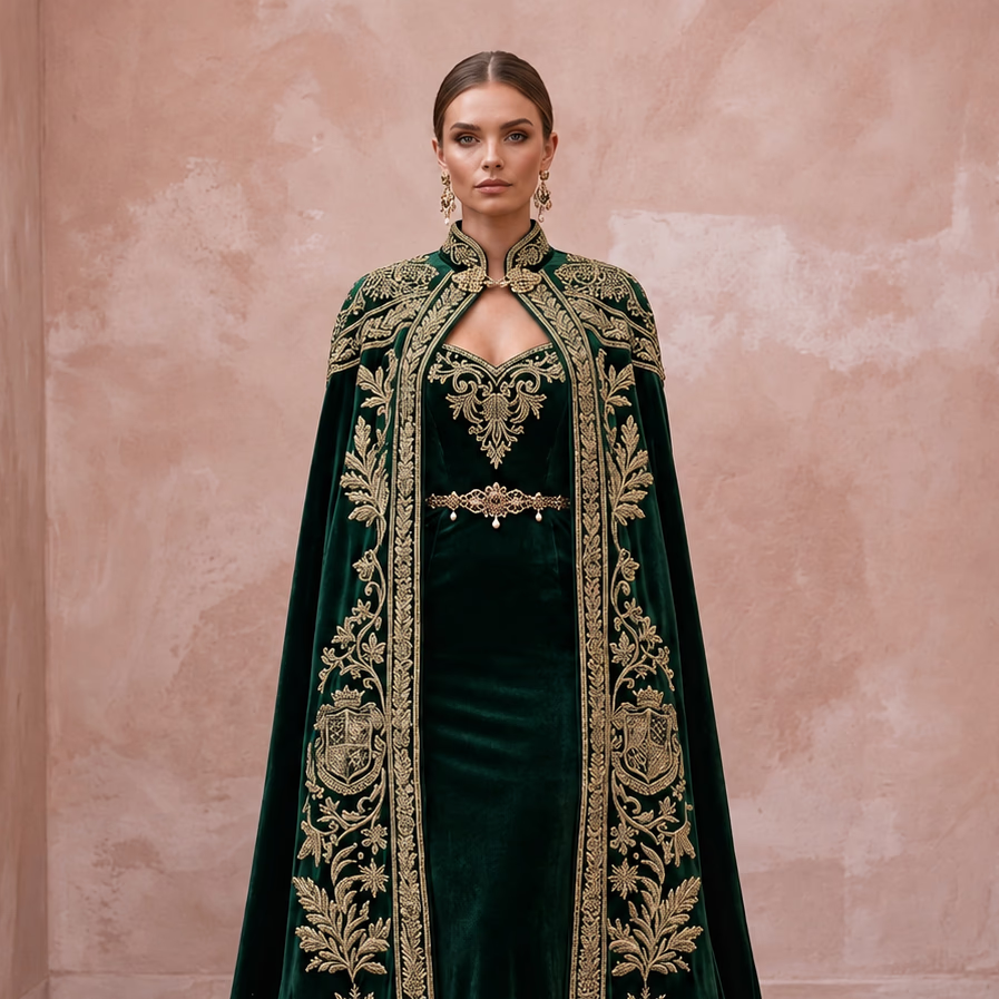 Antique Gold Embroidered Velvet Cape & Bridal Dress for Winter Vow Renewal - Apparel & Accessories > Clothing > Wedding & Bridal Party Dresses > Wedding Dresses - Mignonette Bridal