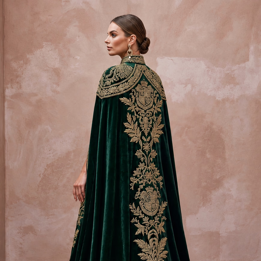Antique Gold Embroidered Velvet Cape & Bridal Dress for Winter Vow Renewal - Apparel & Accessories > Clothing > Wedding & Bridal Party Dresses > Wedding Dresses - Mignonette Bridal