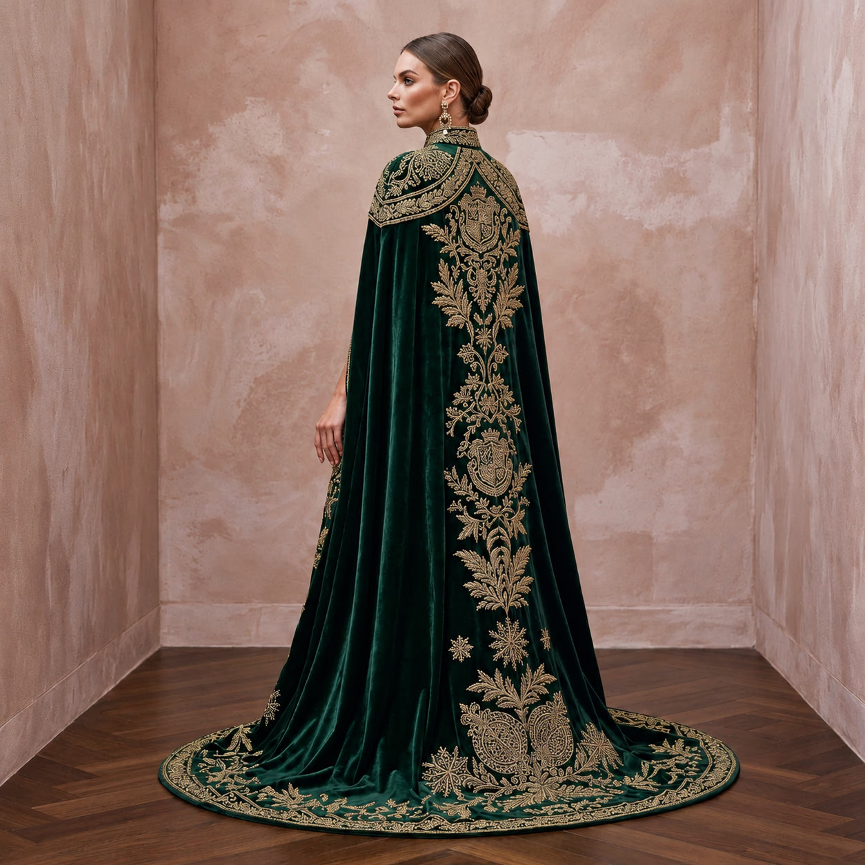 Antique Gold Embroidered Velvet Cape & Bridal Dress for Winter Vow Renewal Secondary image