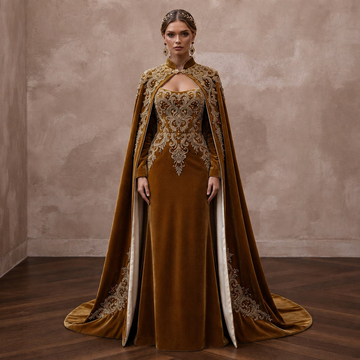 Antique Gold Embroidered Velvet Cape & Dress for Winter Vow Renewal - Apparel & Accessories > Clothing > Wedding & Bridal Party Dresses > Wedding Dresses - Mignonette Bridal Main image