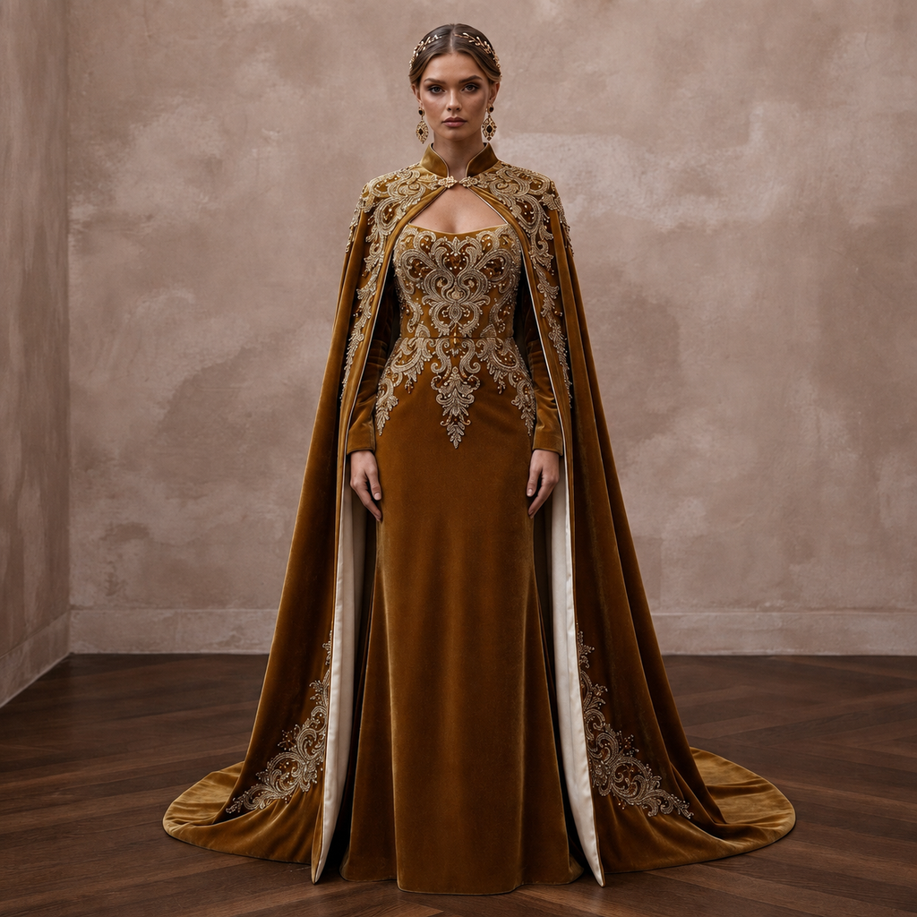 Antique Gold Embroidered Velvet Cape & Dress for Winter Vow Renewal