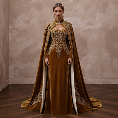 Antique Gold Embroidered Velvet Cape & Dress for Winter Vow Renewal