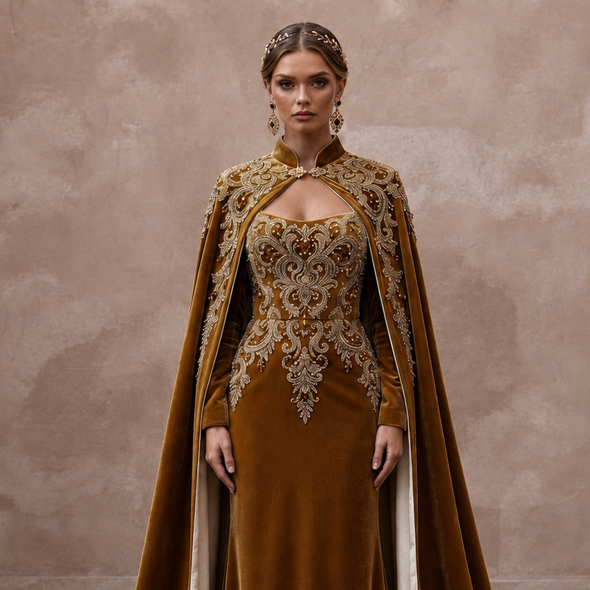 Antique Gold Embroidered Velvet Cape & Dress for Winter Vow Renewal