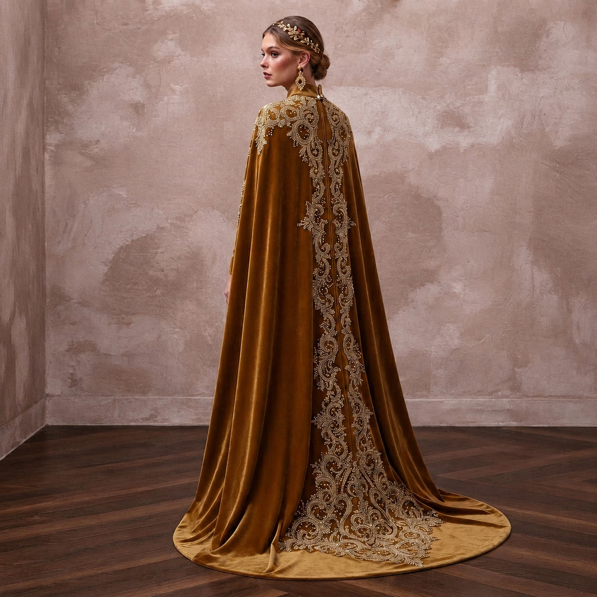 Antique Gold Embroidered Velvet Cape & Dress for Winter Vow Renewal - Apparel & Accessories > Clothing > Wedding & Bridal Party Dresses > Wedding Dresses - Mignonette Bridal