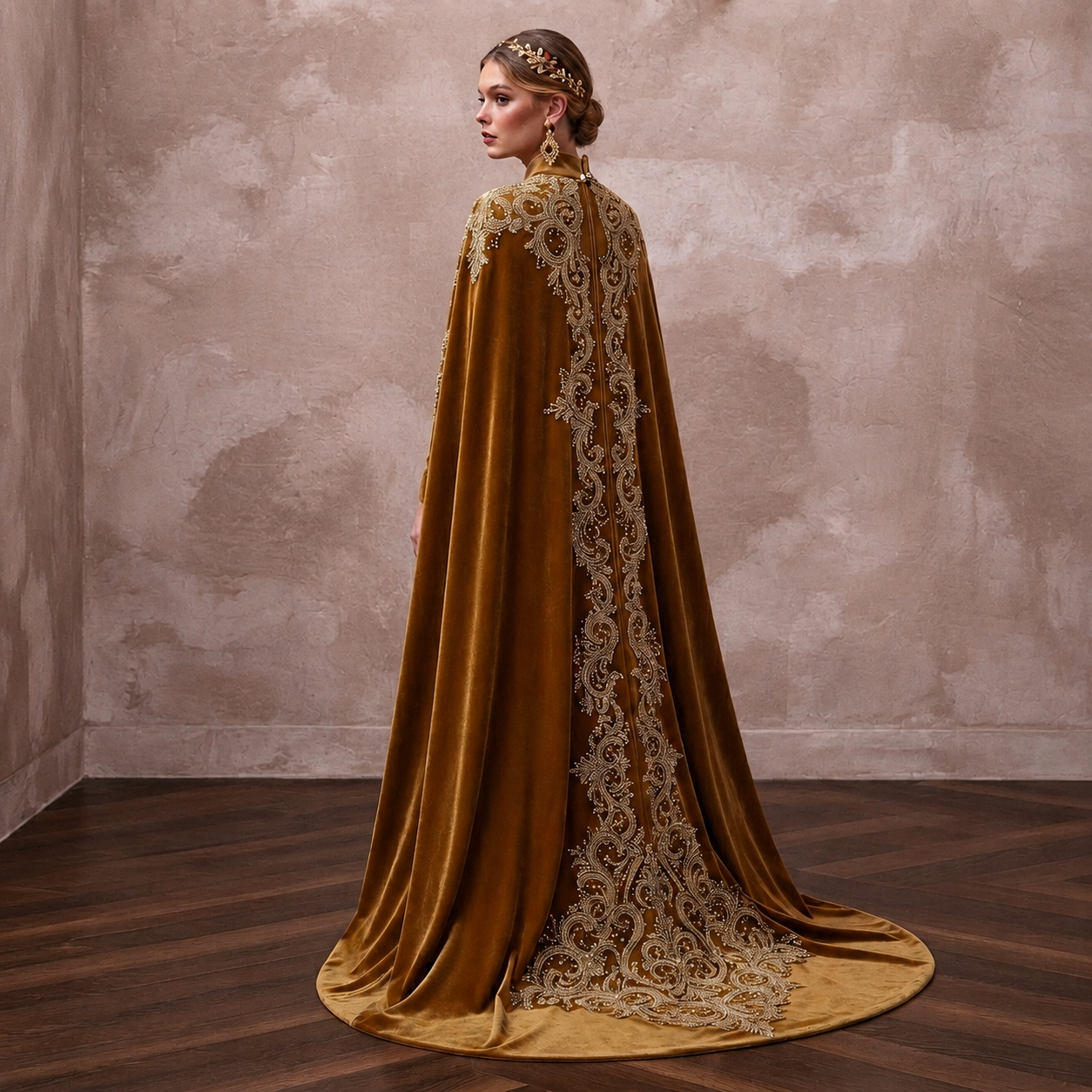 Antique Gold Embroidered Velvet Cape & Dress for Winter Vow Renewal