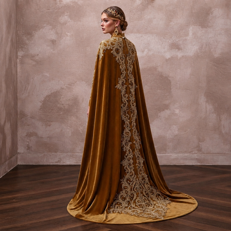 Antique Gold Embroidered Velvet Cape & Dress for Winter Vow Renewal