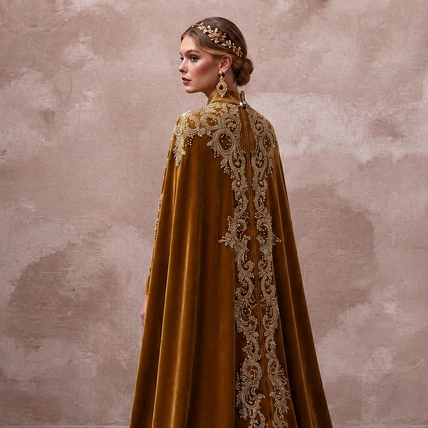 Antique Gold Embroidered Velvet Cape & Dress for Winter Vow Renewal - Apparel & Accessories > Clothing > Wedding & Bridal Party Dresses > Wedding Dresses - Mignonette Bridal