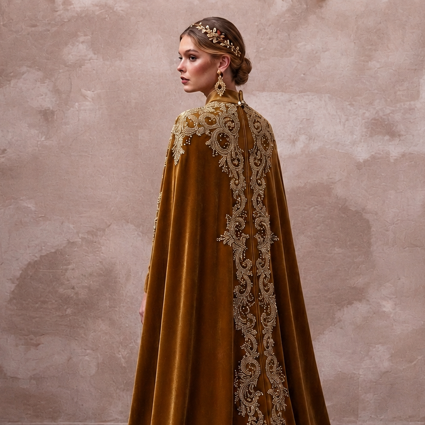 Antique Gold Embroidered Velvet Cape & Dress for Winter Vow Renewal